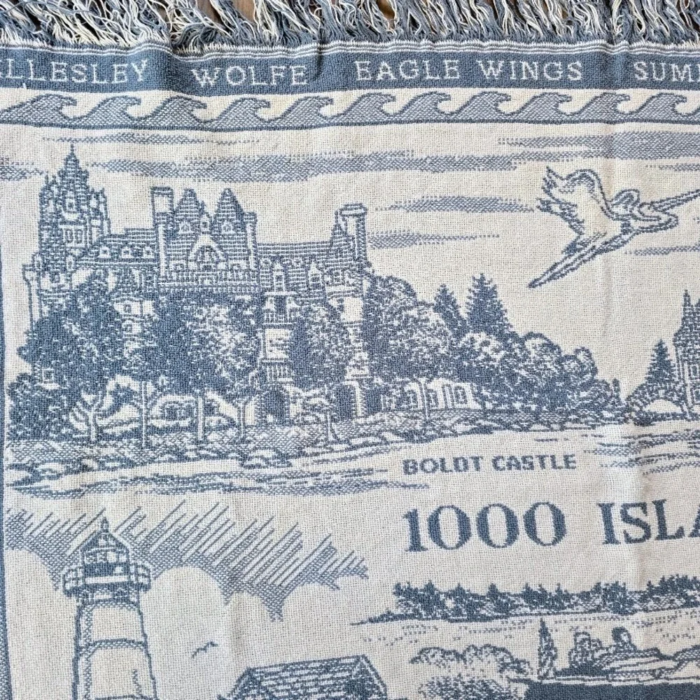 Vintage 1994‎ Blue 1000 Islands Woven Tapestry Throw Blanket St. Lawrence River